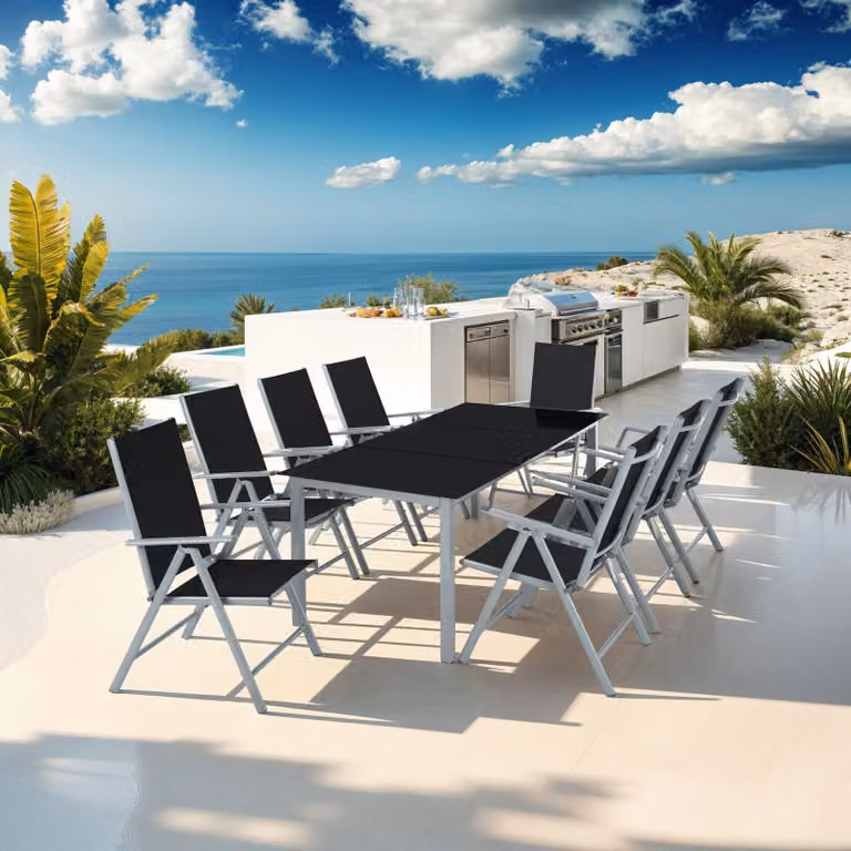 Set di sedute da giardino TecTake GmbH in alluminio verniciato e vetro, 8+1 posti, argento e nero