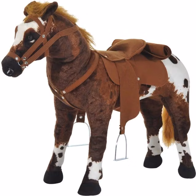Cavallo a Dondolo Minimal per Bambini con Sella e Staffe in Peluche e Metallo, Marrone, H 60 x L 85 x P 28 cm – 1