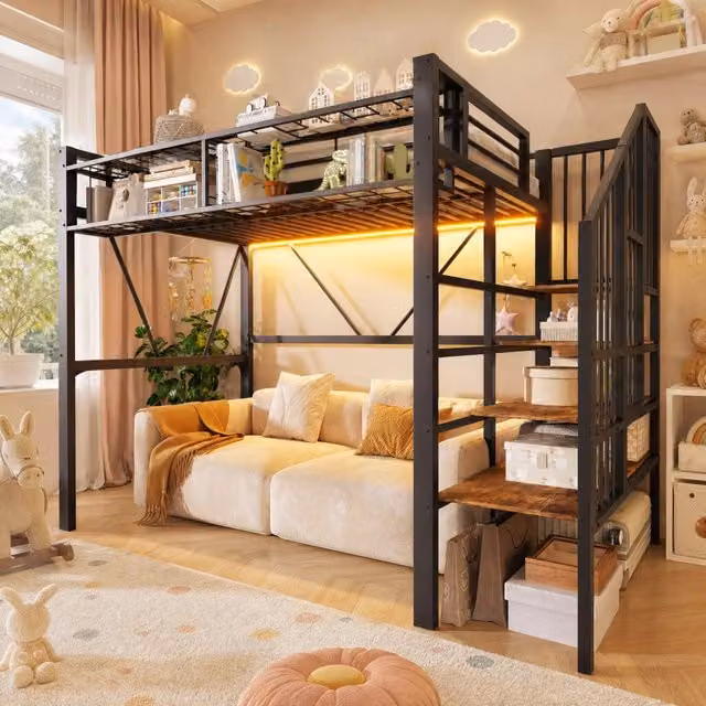 Letto a soppalco singolo in metallo e MDF con scala a ripiani, vani laterali e illuminazione LED, nero, H 251.5 x L 90 x P 200 cm