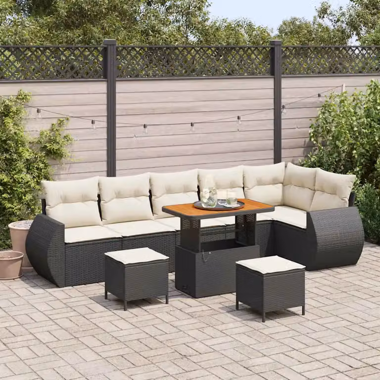 Set Divano da Giardino vidaXL 9 posti con Cuscini Nero e Beige