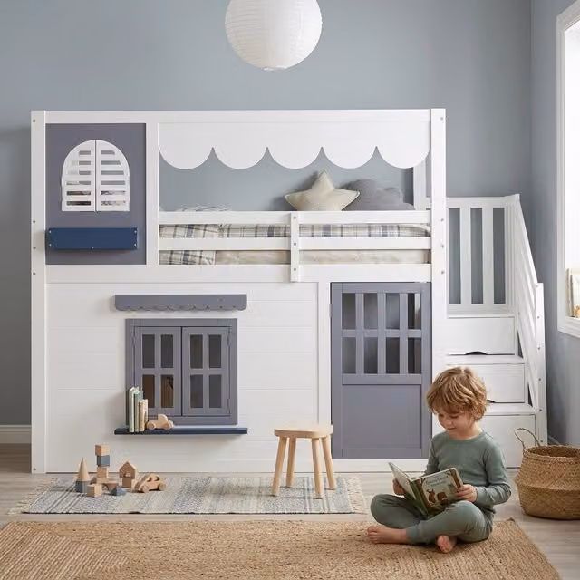 Letto a soppalco per bambini 90x200 cm bianco e blu in pino e compensato con scala contenitore