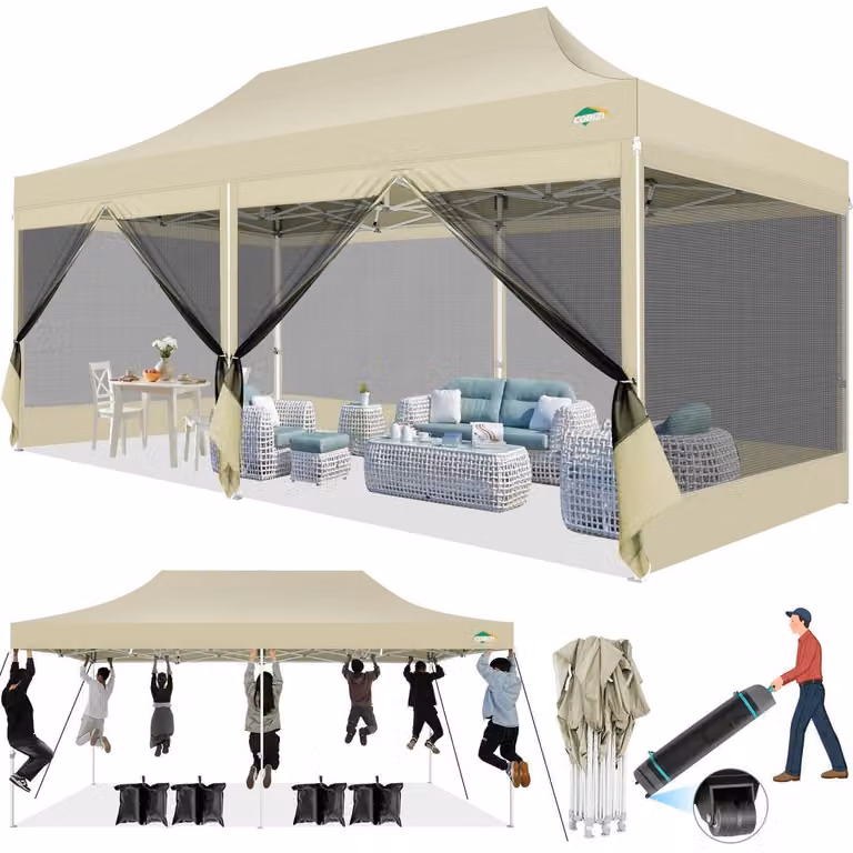 Tenda da giardino 3x6 metri, impermeabile, con protezione UV e 6 pareti laterali in rete, color kaki