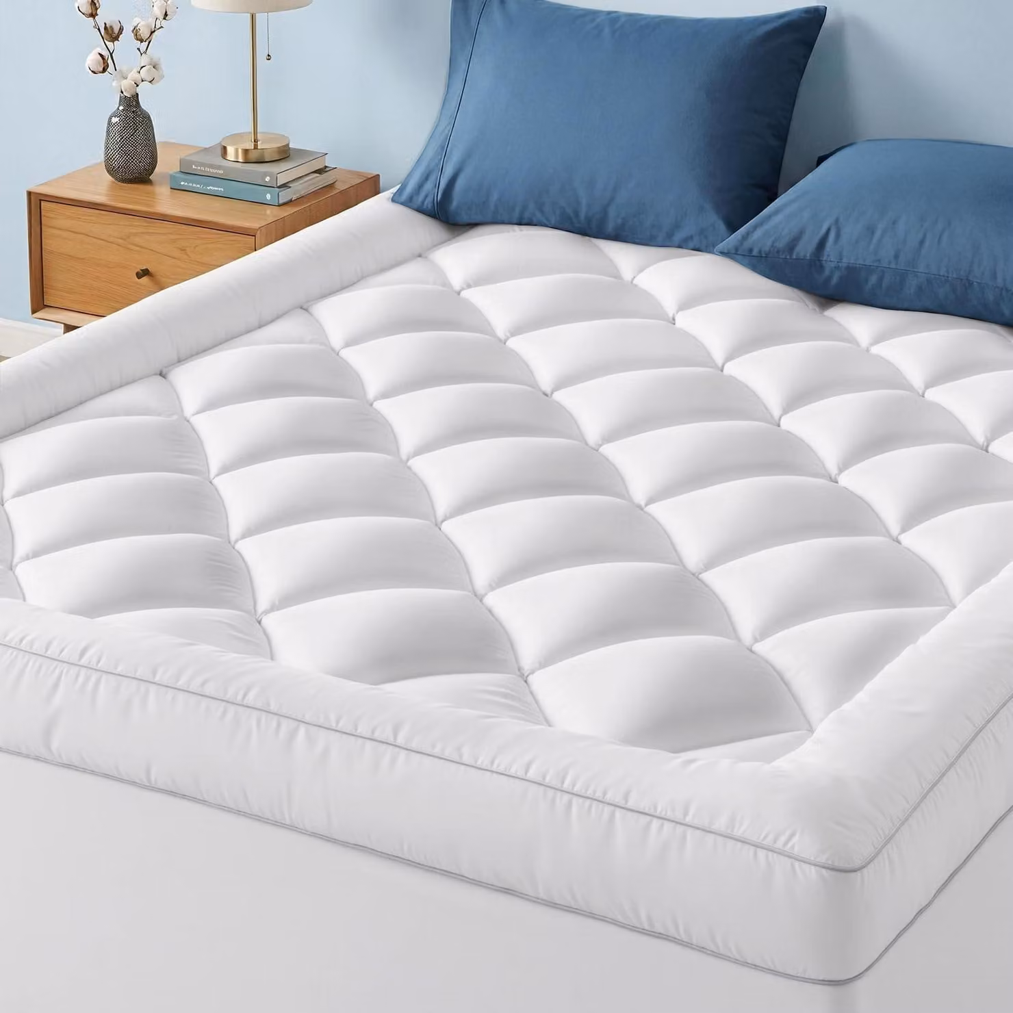 Topper per materasso, 160 x 200 cm, bianco, 1000 gsm, ultra morbido, con tasche profonde fino a 40 cm, lavabile in lavatrice