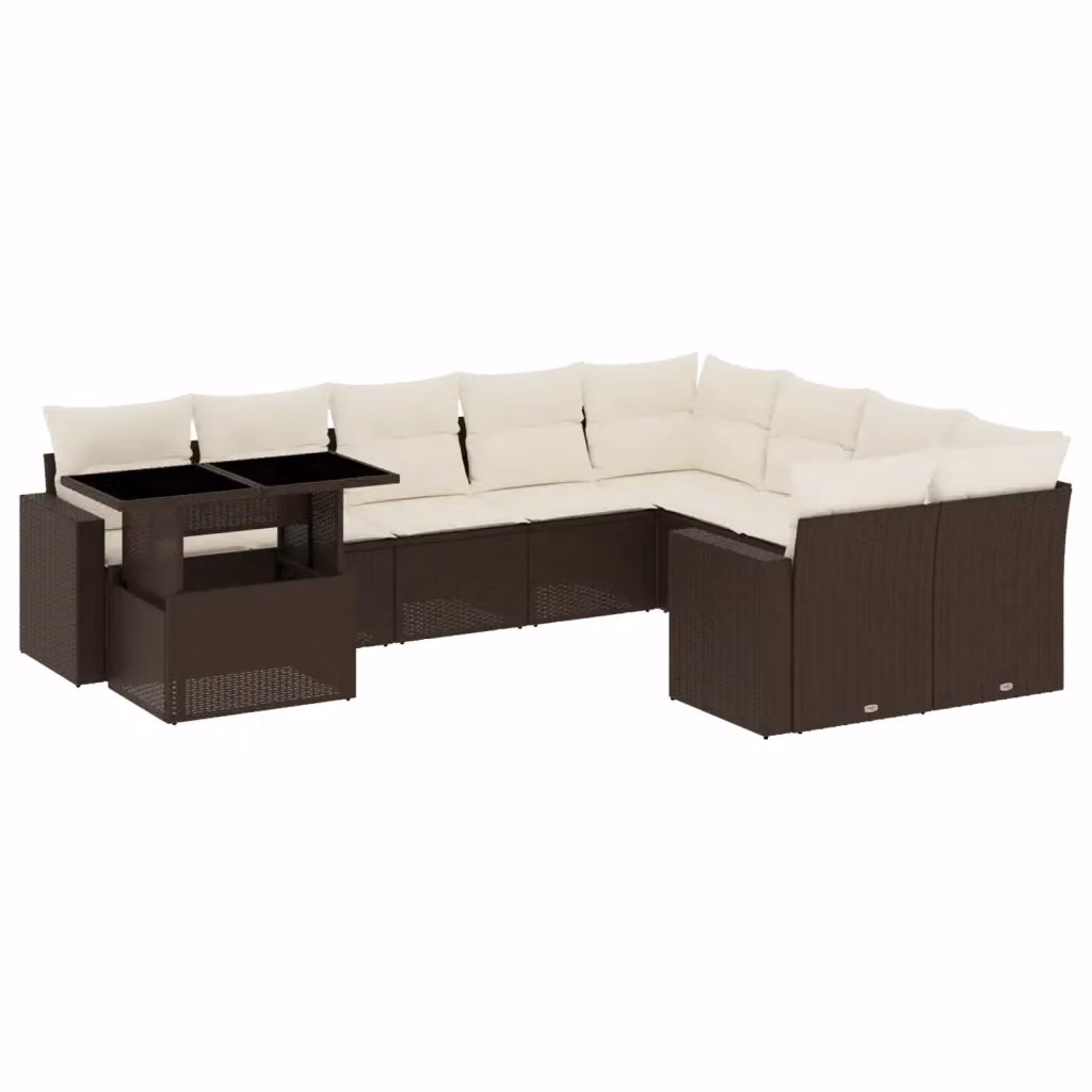 vidaXL Set Divani da Giardino a L in Polyrattan Marrone con Cuscini Bianchi e Tavolino da Esterno – 2