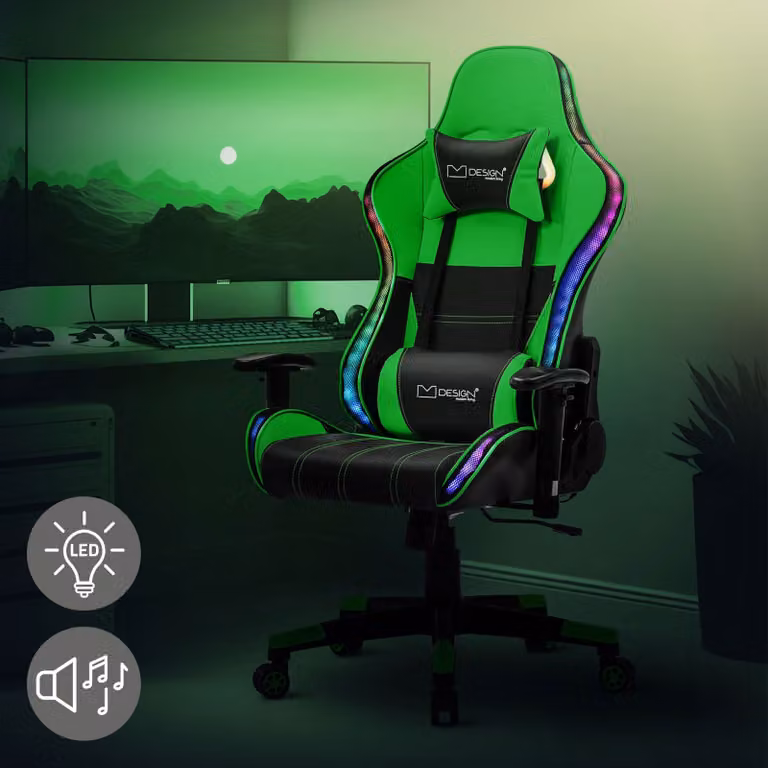 Sedia da gioco ML-Design con illuminazione LED RGB e altoparlanti Bluetooth, nero/verde, sedia da ufficio ergonomica, schienale, poggiatesta, cuscino lombare