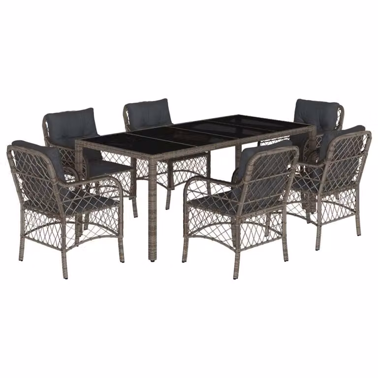 Set da Pranzo da Giardino 7 pz con Cuscini in Polyrattan Grigio