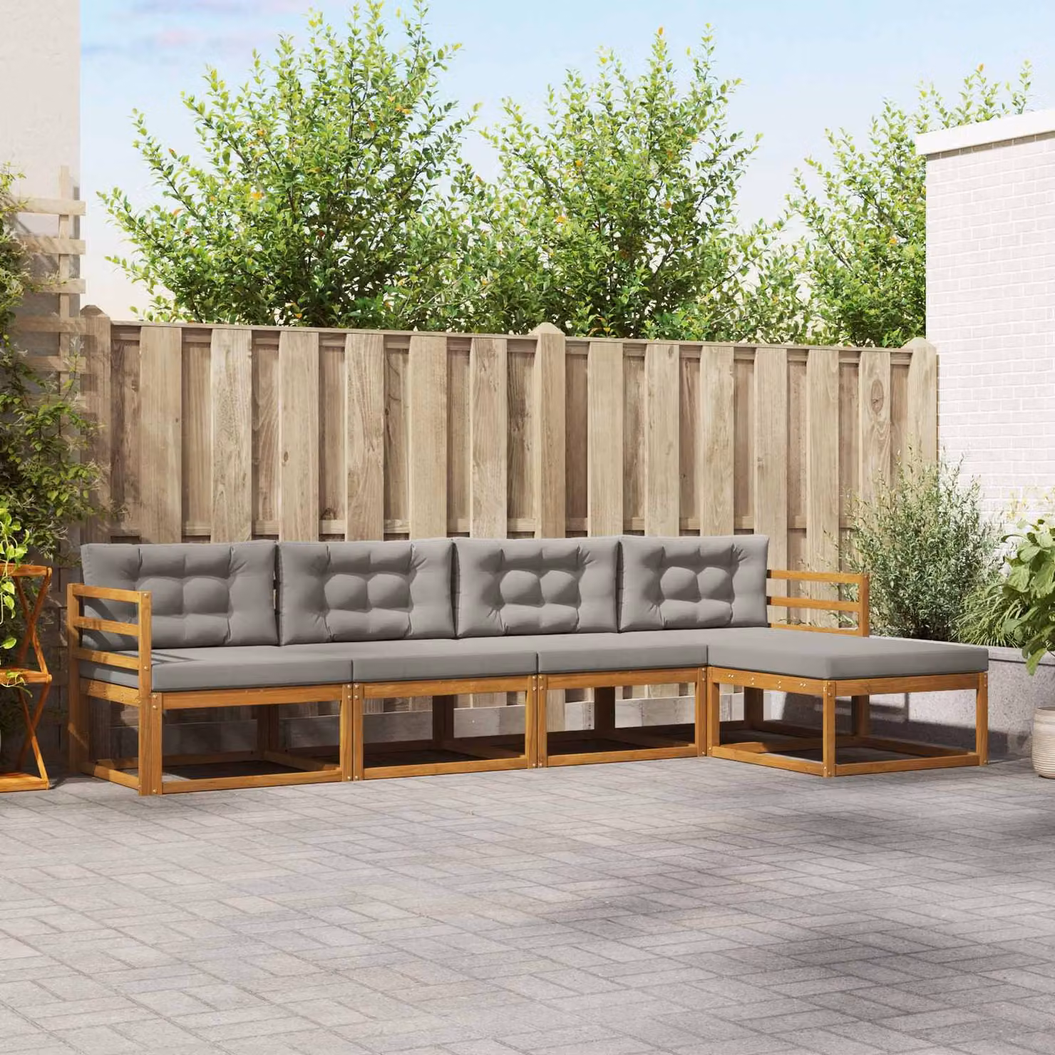Set di divani da esterno a L vidaXL in legno di acacia con cuscini, Grigio e Marrone