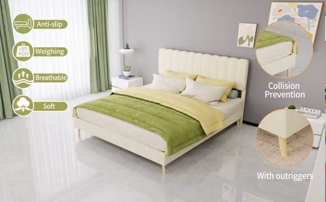Letto imbottito minimalista 160×200 cm in velluto con testiera morbida, beige, materasso 160×200 cm incluso