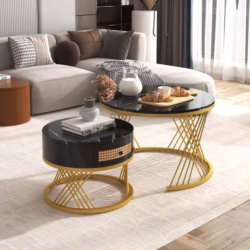 Tavolino basso OKWISH moderno con piano nero lucido, cassetto effetto rattan e gambe dorate in metallo per soggiorno o balcone – 2