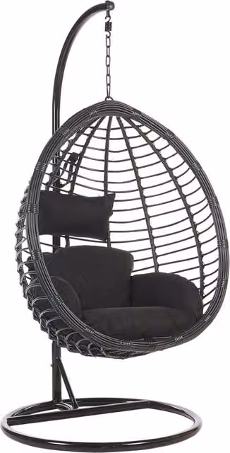 Sedia sospesa a uovo BELIANI in rattan nero con struttura in metallo e cuscini inclusi per interni ed esterni in stile Boho