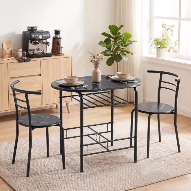 Desviae Tavolo da pranzo con 2 sedie e ripiano in MDF nero effetto marmo con struttura in metallo per soggiorno