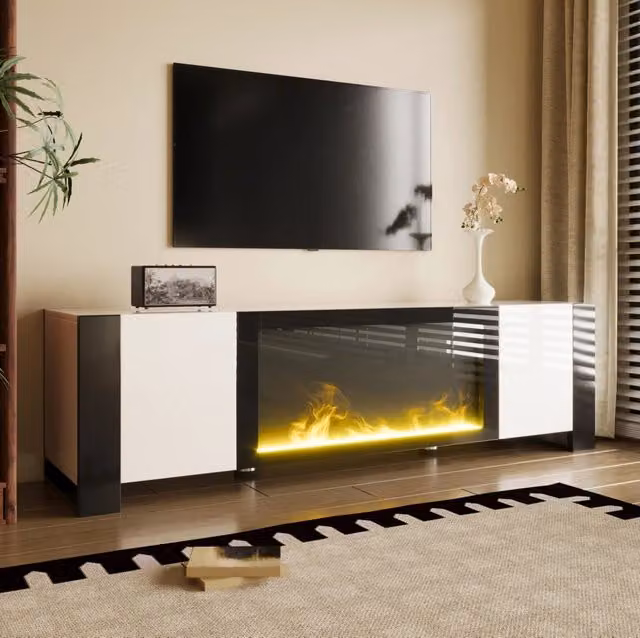 Mobile TV con camino elettrico decorativo; 165x55x32 cm; pannello truciolare; bianco e nero