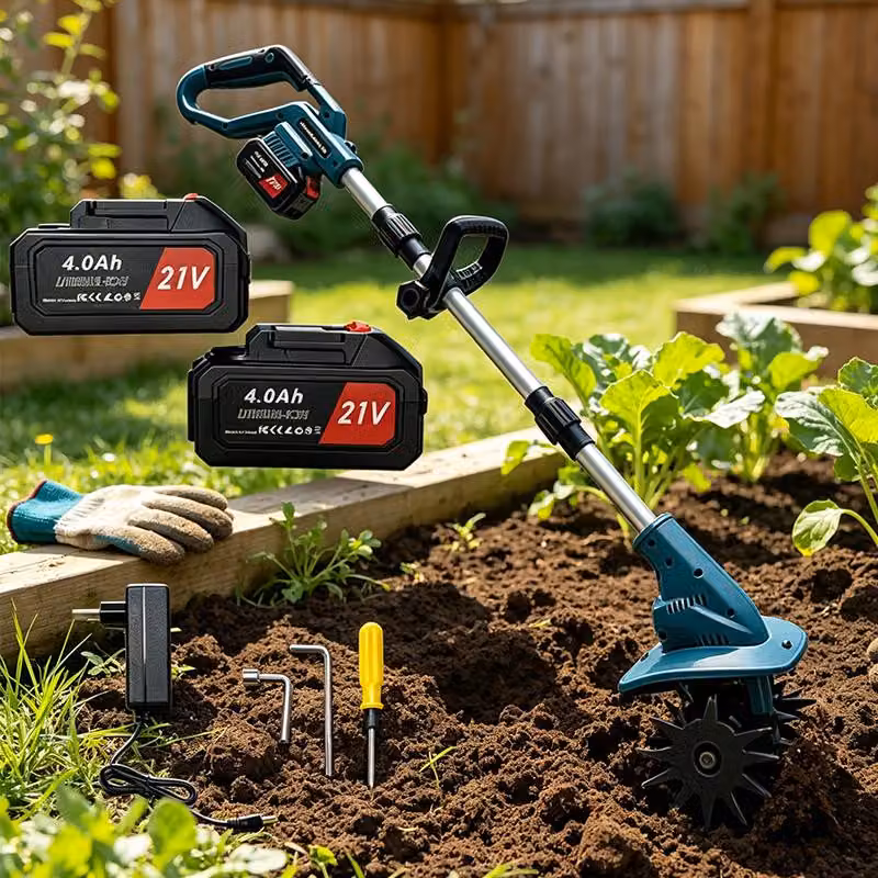 ZELURXX, fresa da giardino a batteria da 21V, 800W, motore brushless, con 2 batterie da 4,0Ah. Coltivatore con larghezza di lavoro di 22 cm e profondità di lavoro di 17 cm
