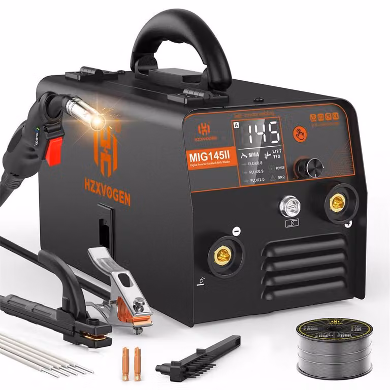 Saldatrice MIG145 - Saldatrice inverter 3-in-1 MIG/MAG/MMA/TIG - 145A, 220–240V, spina EU - Alimentazione filo da 3 a 18 m/min - Portatile, 3,4 kg - Display LED