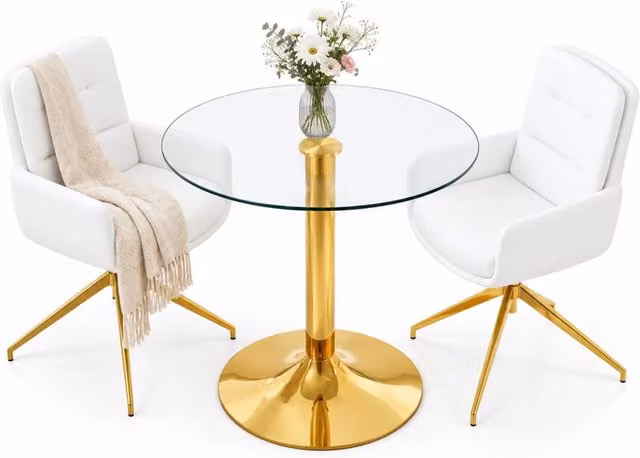 Set tavolo e sedie con tavolo rotondo e 2 sedie girevoli per sala da pranzo in vetro e metallo trasparente bianco oro