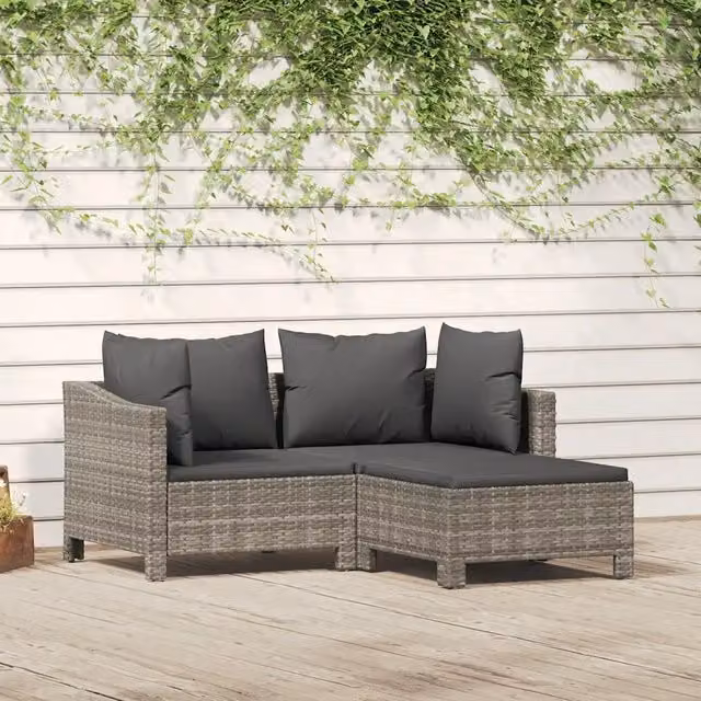 Set Divani da Giardino 3 pz con Cuscini in Polyrattan Grigio 362685