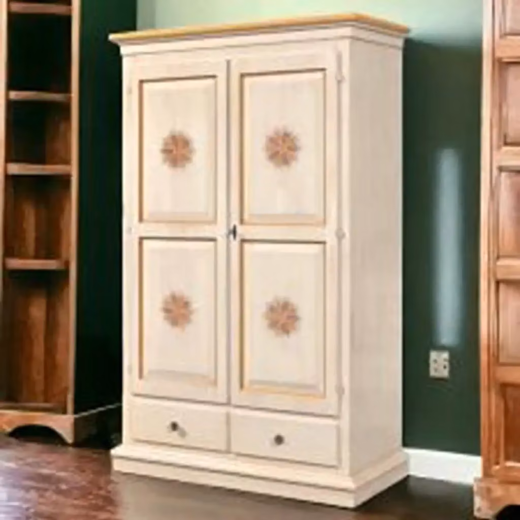 Armadio Verona KIVIO in legno di pino stile shabby chic bianco decorato con motivi floreali L: 125 cm, P: 60 cm, H: 200 cm – 2