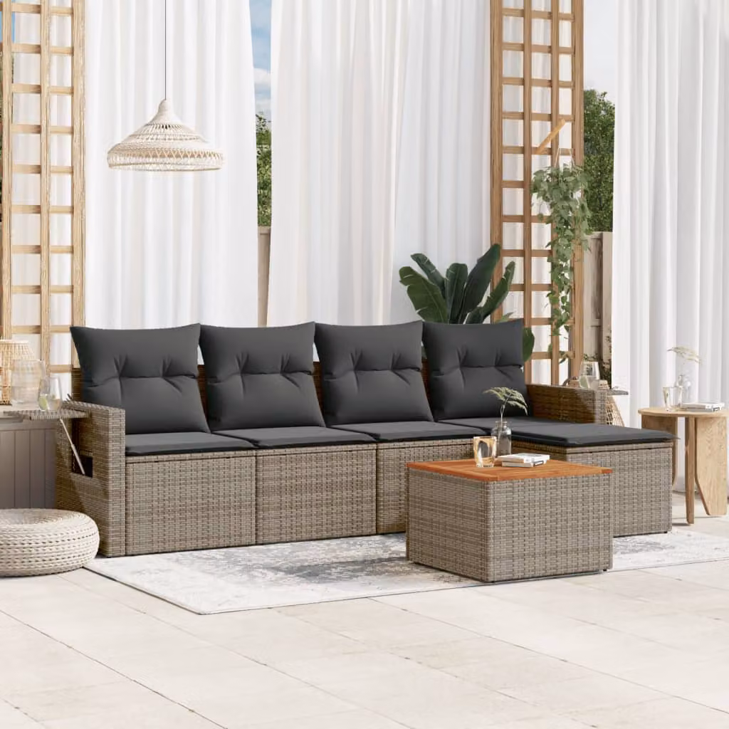 vidaXL Set Divano da Giardino a L in Polyrattan Grigio con 6 Pezzi e Cuscini Imbottiti – 1