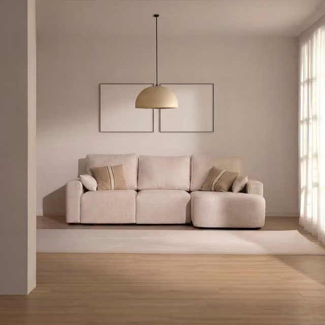 Divano angolare Banak a 4 posti con chaise longue destra, colore beige, design moderno in tessuto con cuscini inclusi