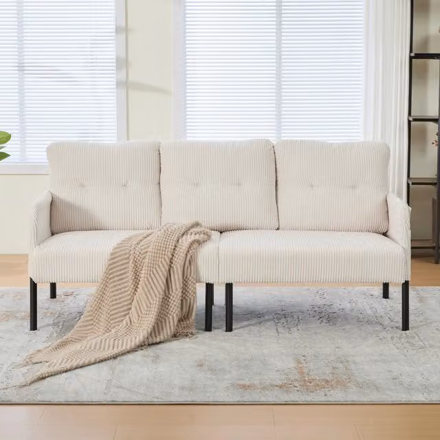 Divano a 3 posti MIVRAY in velluto a coste beige con struttura in metallo e legno