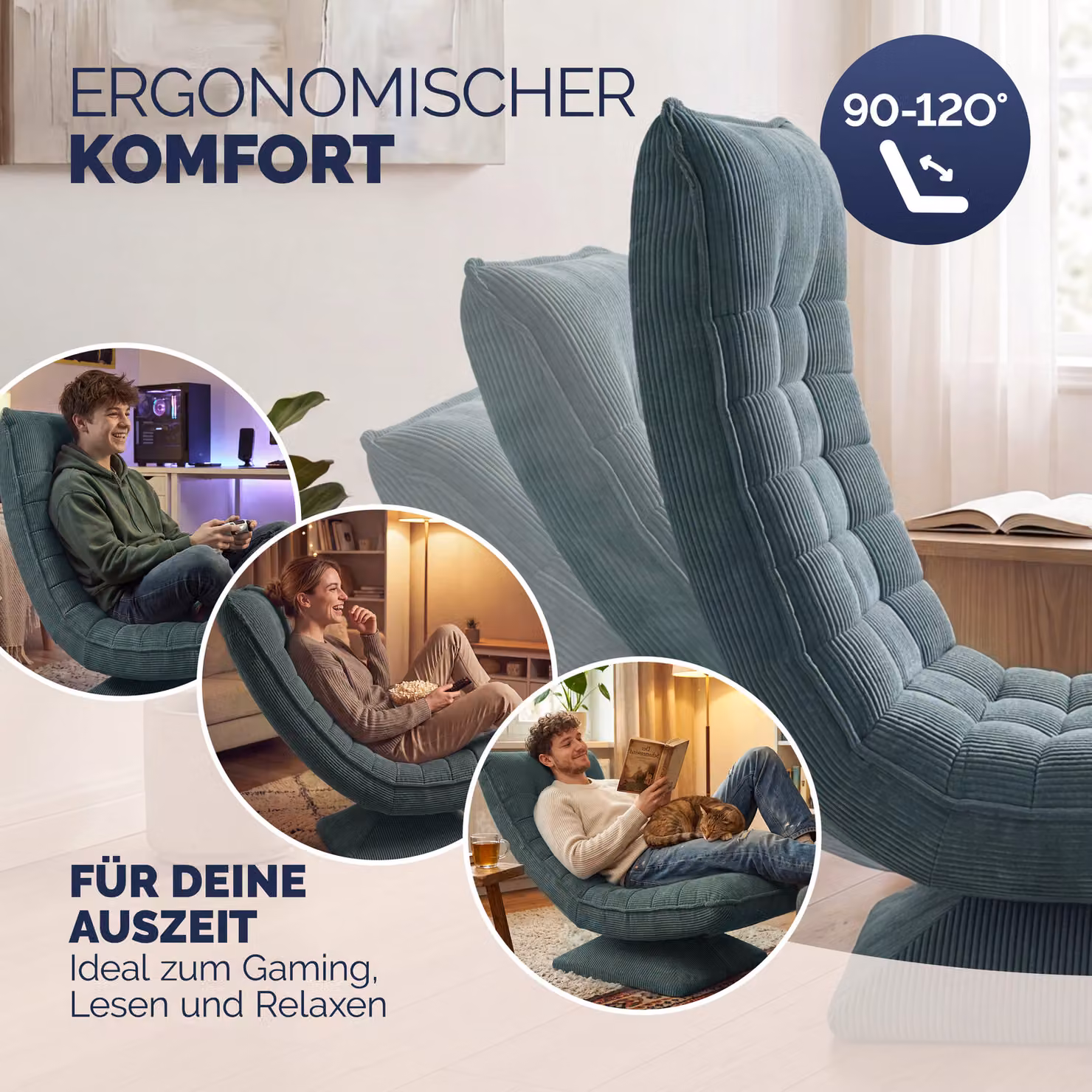 Poltrona relax Aberdeen Casaria grigio in velluto, girevole a 360° con braccioli e struttura in metallo – 4