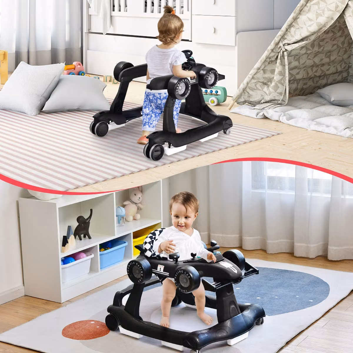 Costway Primi passi 4 in 1 per bambini con altezza e velocità regolabili, deambulatore a spinta con carillon e luci, Nero