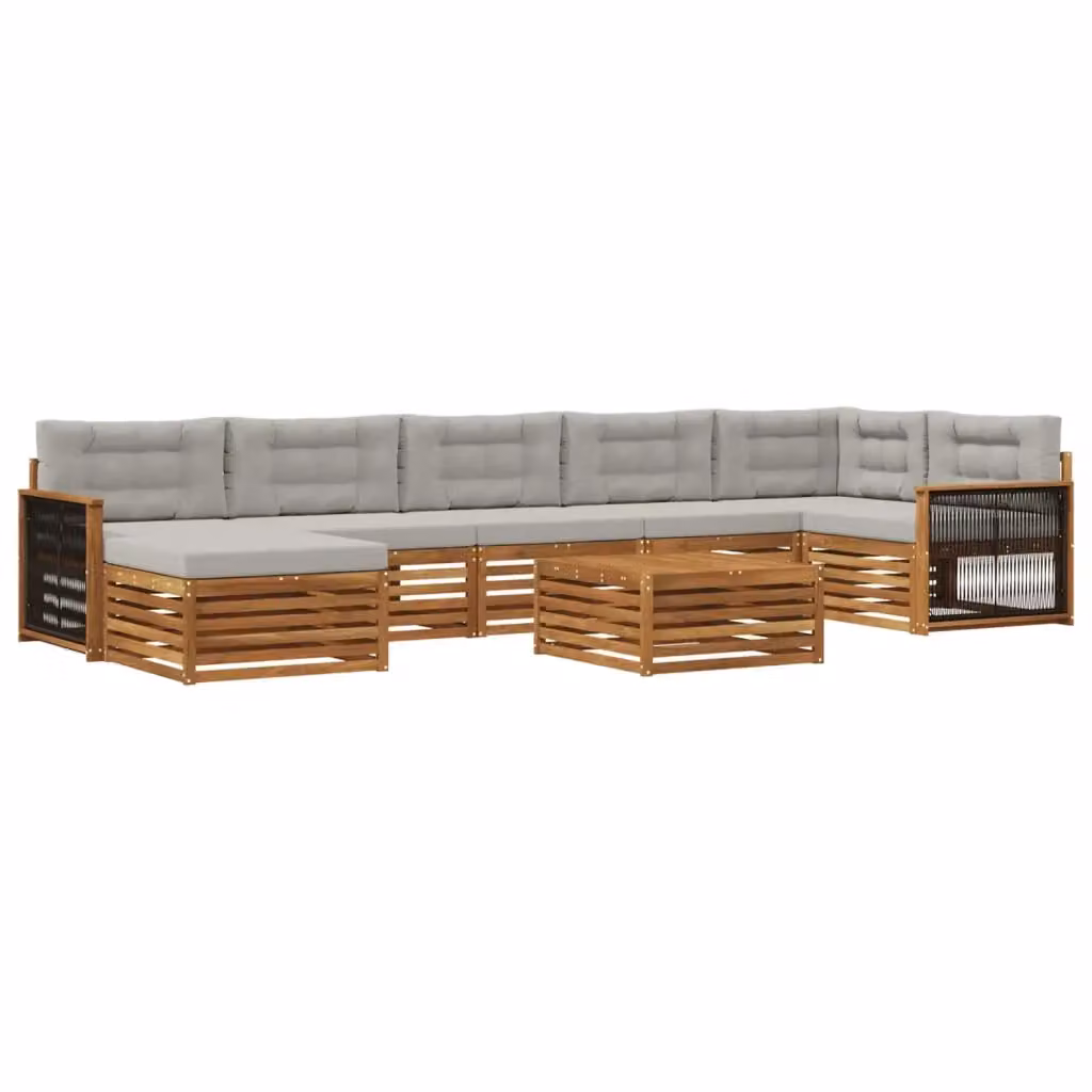 Set di divani da esterno a L vidaXL in legno di acacia con tavolino e pouf, colore naturale e grigio chiaro – 2