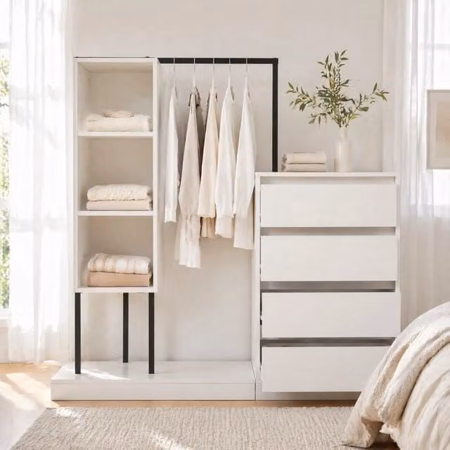 Armadio multifunzione con 4 cassetti e appendiabiti 140x40x135 cm; bianco e nero