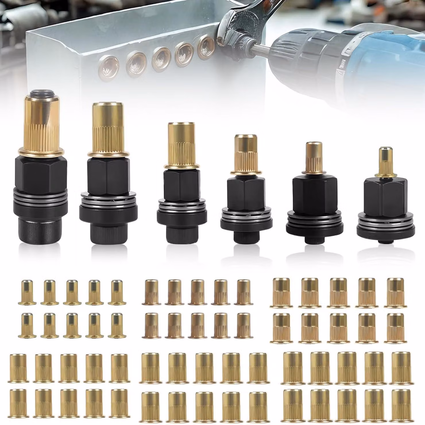 Set di 6 pinze per inserti a rivetto, completo di 60 inserti