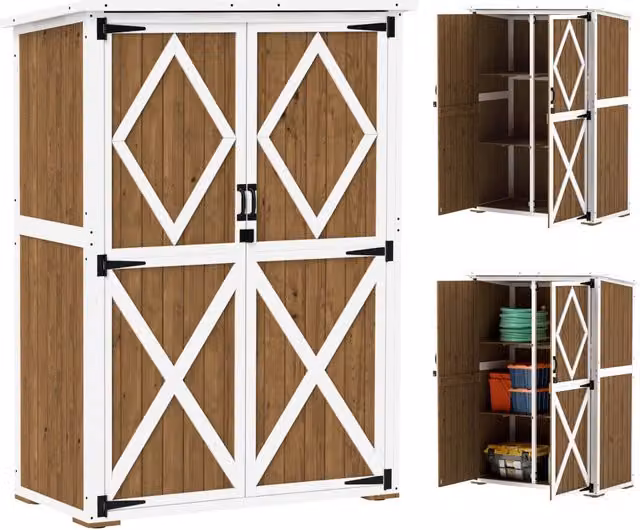Armadio da Giardino 116,5x57x159-167 cm Tetto in Bitume in Legno di Abete Marrone e Bianco