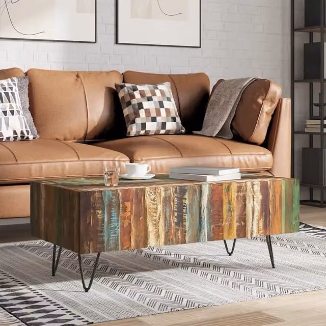 Tavolino da Salotto-Tavolino da soggiorno-Tavolo in Legno Massello Anticato 100x50x38 cm