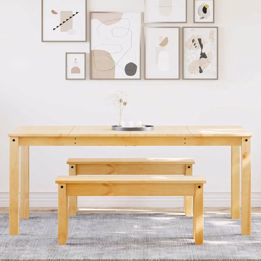 Set da pranzo vidaXL Panama in legno di pino massello, tavolo rettangolare e 2 panche, marrone e beige