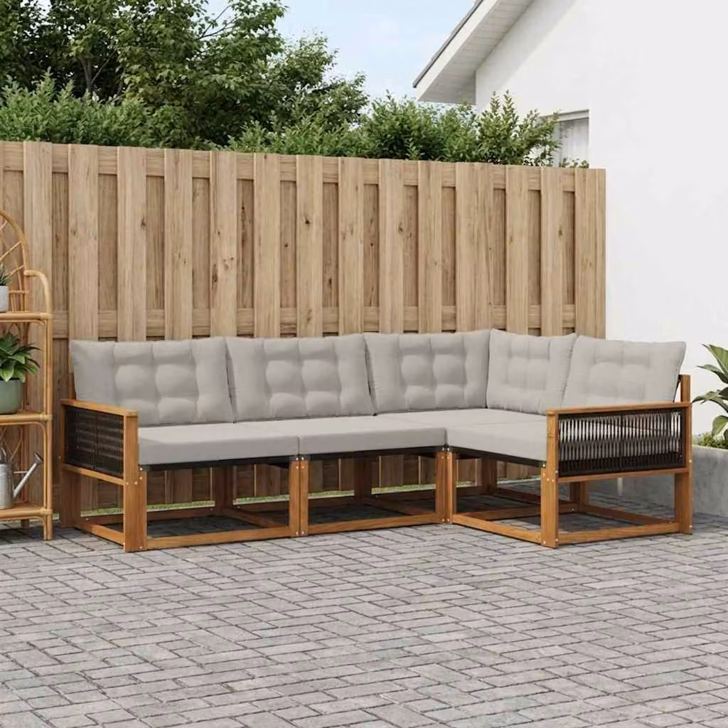 Set di divani da esterno a L vidaXL in legno di acacia trattato e textilene, 4 pezzi, Beige e Grigio