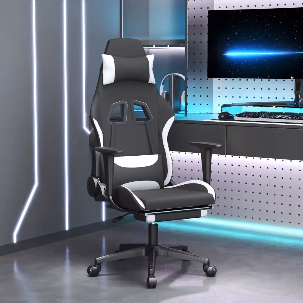 Sedia da Gaming DESIGN IN con Poggiatesta e Ruote, Tessuto Nero e Bianco, Regolabile e Girevole 360° – 2