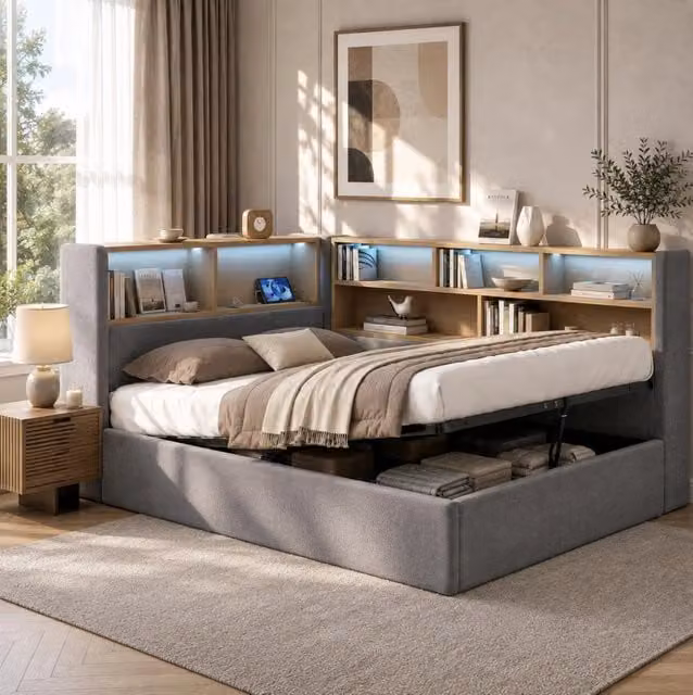 Letto da giorno ULEVR 140x200 cm con contenitore idraulico, LED, USB e Type-C, velluto grigio