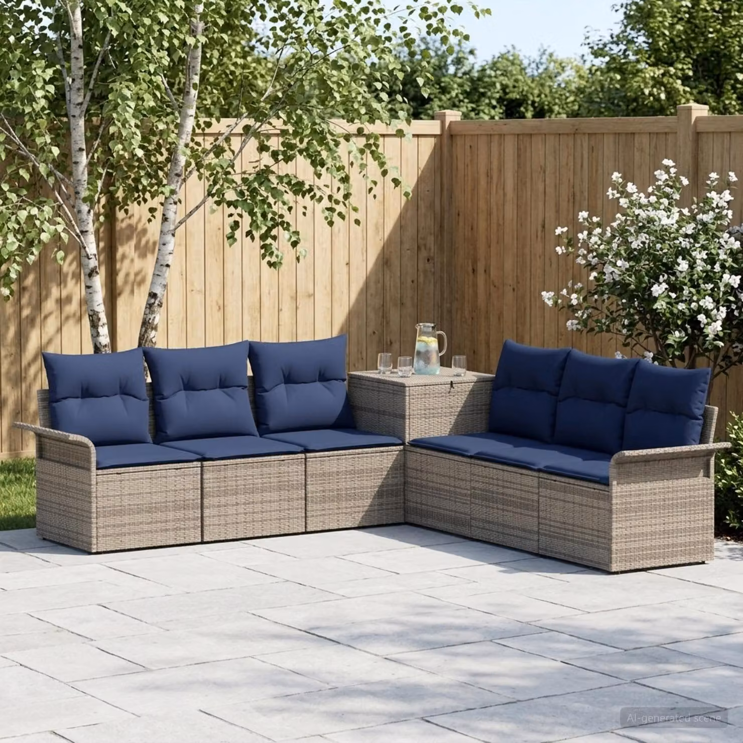 Set di divani da giardino vidaXL 7 pz in rattan e acciaio con cuscini Grigio e Blu Navy