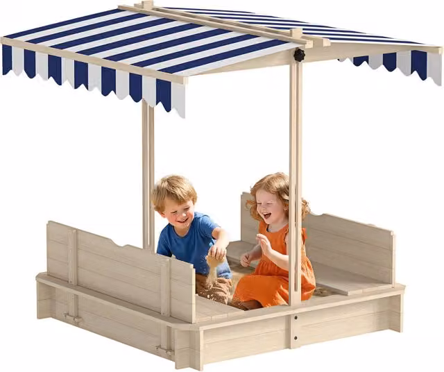 Arenero con Toldo Regolabile Minimal in Legno Naturale con Sabbia L/P/H: 106 x 106 x 115 cm