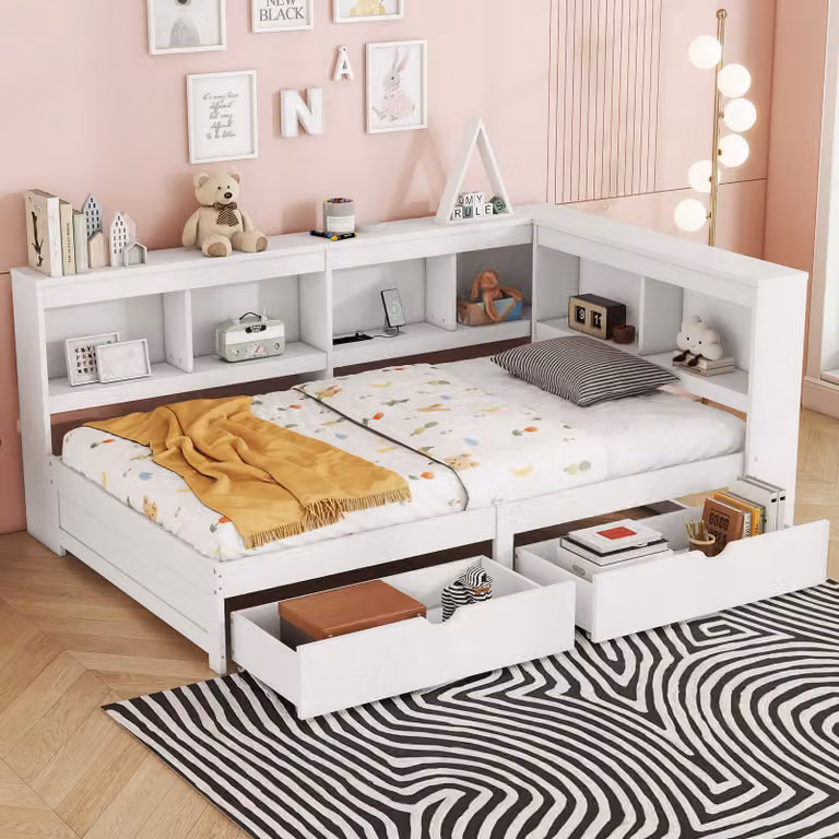 MODFU Divano letto, Letto da giorno 90x200 cm con 2 cassetti, Letto in legno con presa elettrica e 2 porte USB, Bianco (senza materasso)