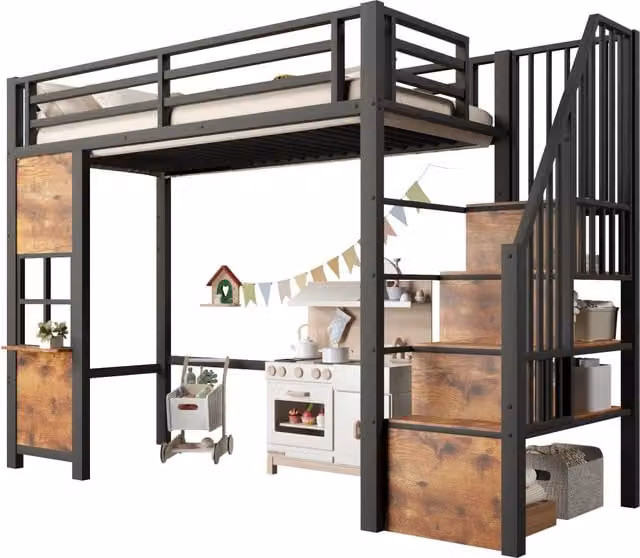 Letto a soppalco 90×200 cm 1 posto con scala, spazio contenitore e area gioco, senza materasso, in metallo e MDF nero