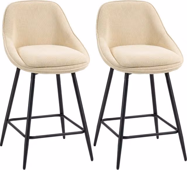 Set di 2 Sgabelli da Bar in Velluto a Coste con Schienale Curvo e Poggiapiedi, Sedie Cucina Isola, Gambe in Acciaio, Beige, 49x52x88cm