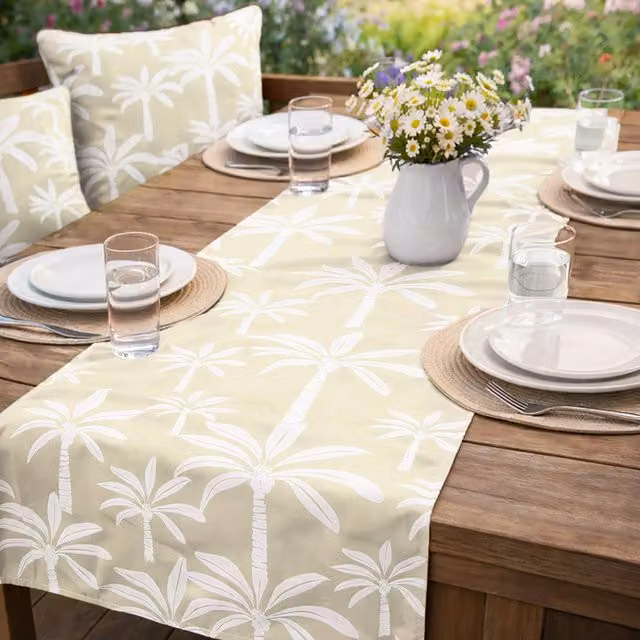 Runner da esterno KASANOVA con motivo floreale di palme, beige e bianco, L/P: 130 x 40 cm