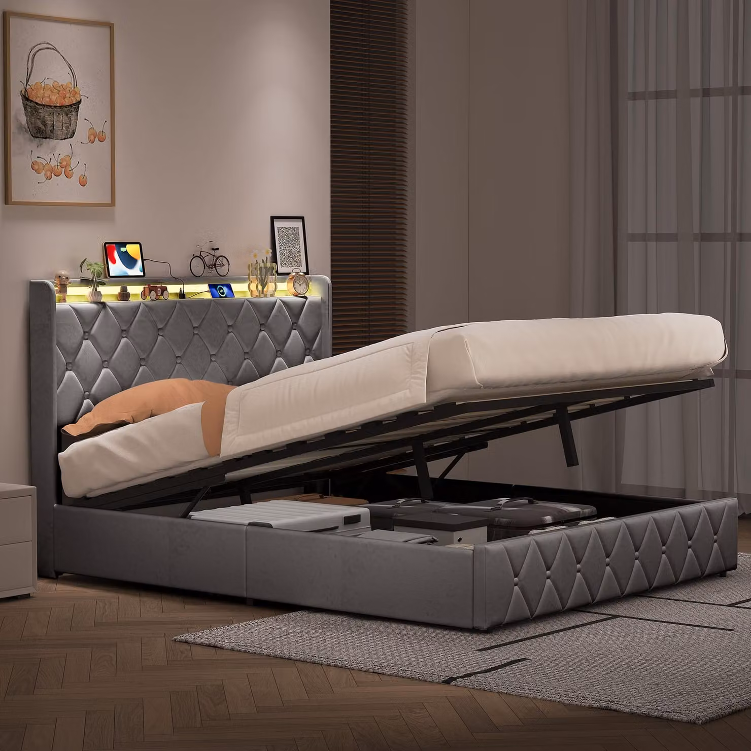 Letto imbottito REMZETTA, 140 x 200 cm, letto matrimoniale con contenitore e meccanismo di sollevamento idraulico, testiera imbottita, tessuto velluto, colore grigio