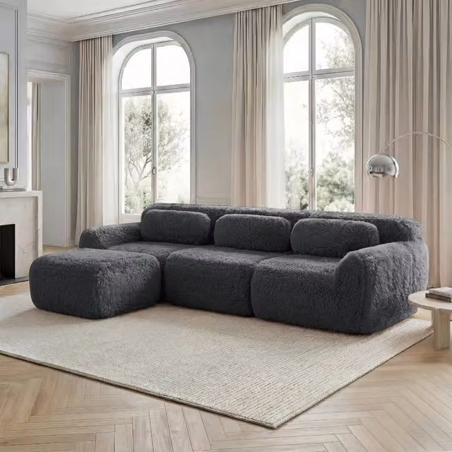 Divano modulare a L da 3 posti Vovees Living in tessuto grigio con cuscini, L/P/H: 291 x 179 x 73 cm