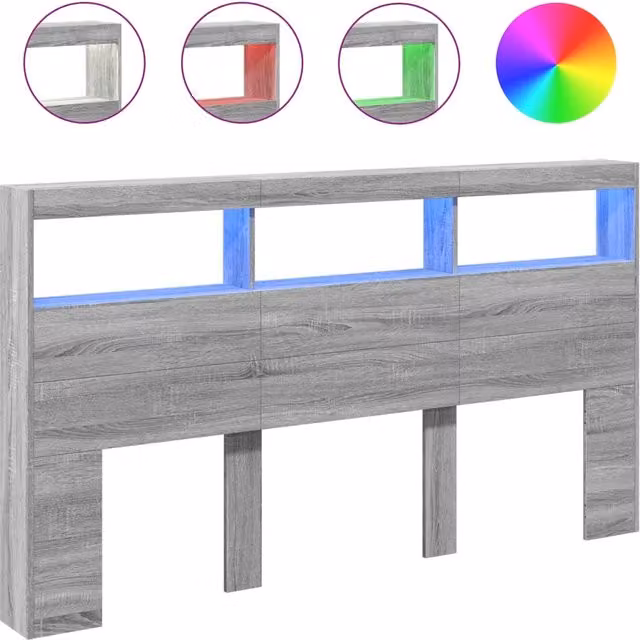 Testiera con contenitore e illuminazione LED Grigio Sonoma con porta USB L: 180 cm, P: 17 cm, H: 102 cm – 1