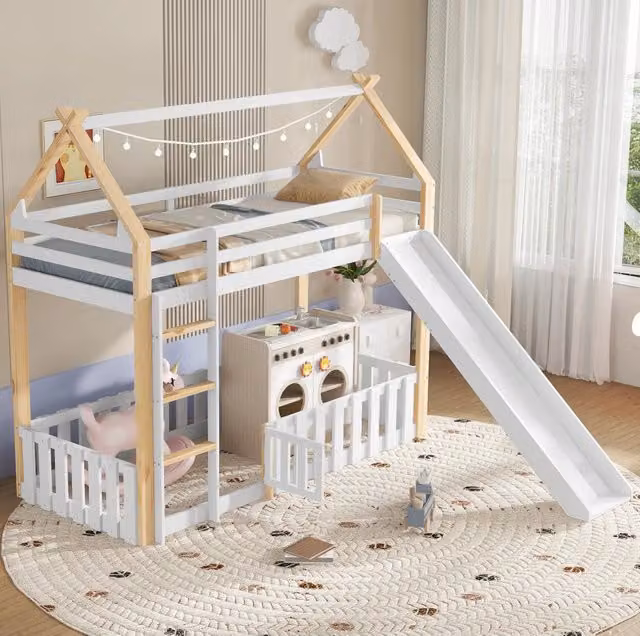 Letto a soppalco per bambini con scivolo; barriera e tetto; 90x200 cm; pino e MDF; bianco/naturale
