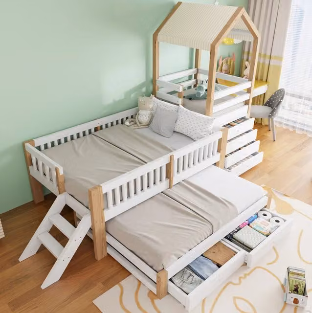 Letto per bambini 90x200 cm bianco e naturale in legno con letto estraibile, senza materasso