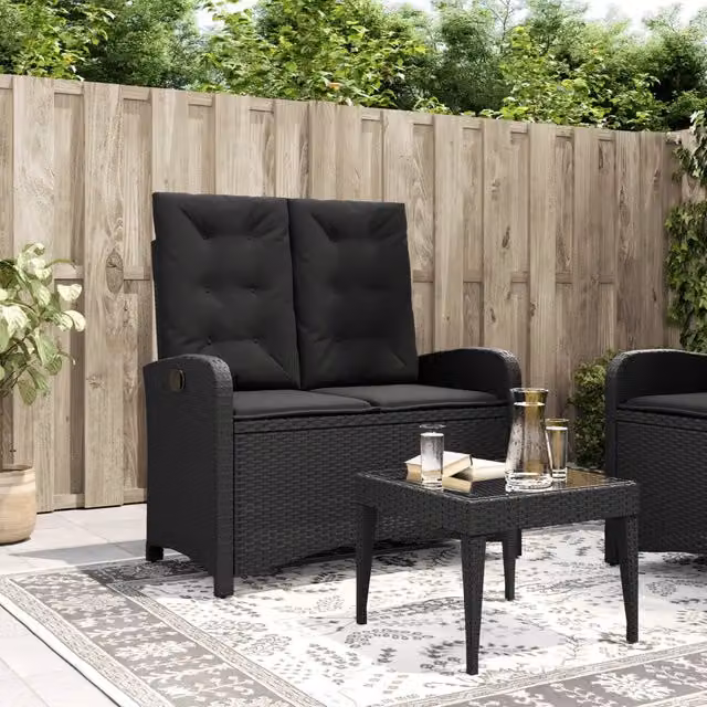 Panca da giardino moderna vidaXL in rattan e metallo nera con cuscini in tessuto – 1