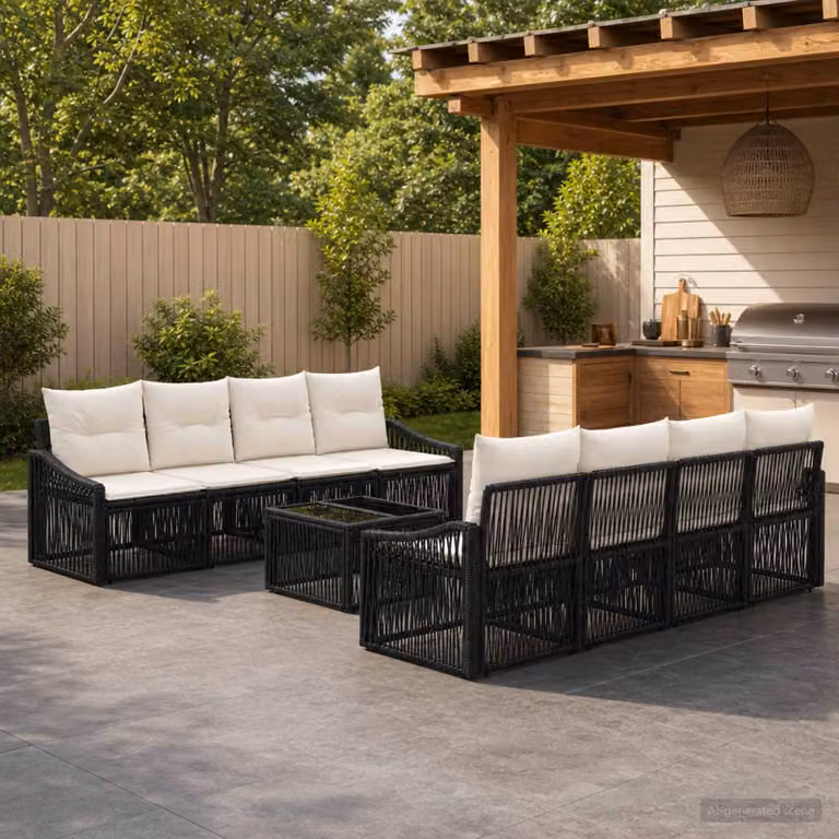 Set Divano da Giardino vidaXL 9 pz in Polyrattan Nero con Cuscini e Tavolino a Forma di U