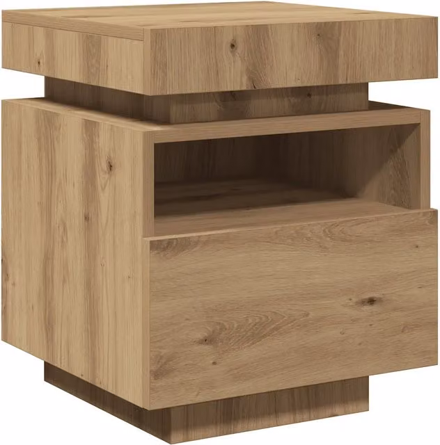 Comodino moderno in legno di rovere color marrone con illuminazione LED integrata e vano contenitore L: 40 cm, P: 39 cm, H: 48 cm