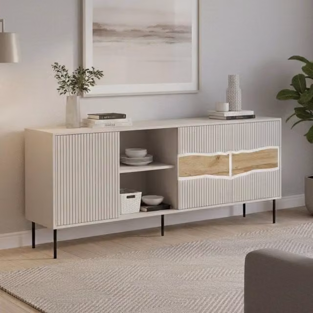 Madia Mestrino DMORA, Credenza moderna con un ripiano, L: 190 cm, P: 40 cm, H: 80 cm, Beige e Rovere – 1
